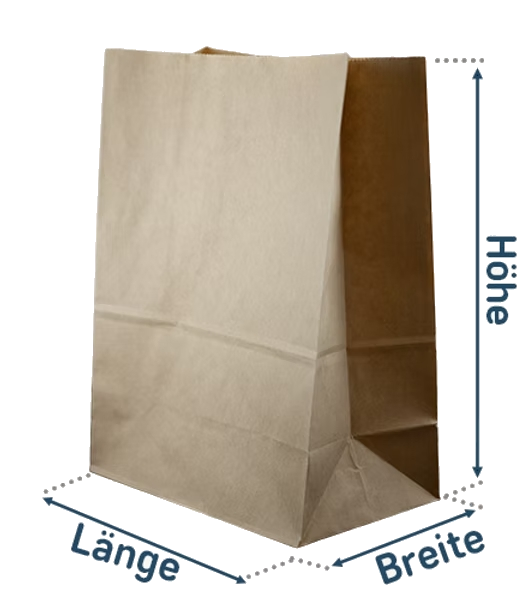 Paper bag with length, width and height dimensions