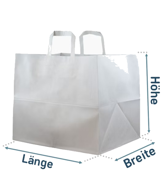 Pastry carrier bag with length, width and height dimensions