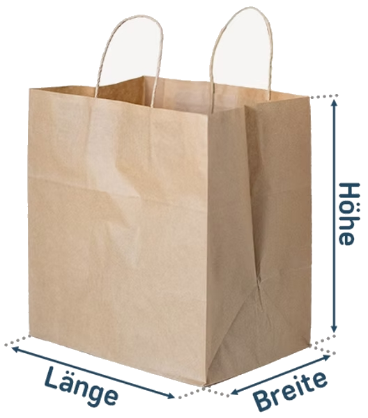 Paper cord handle bag with length, width and height dimensions